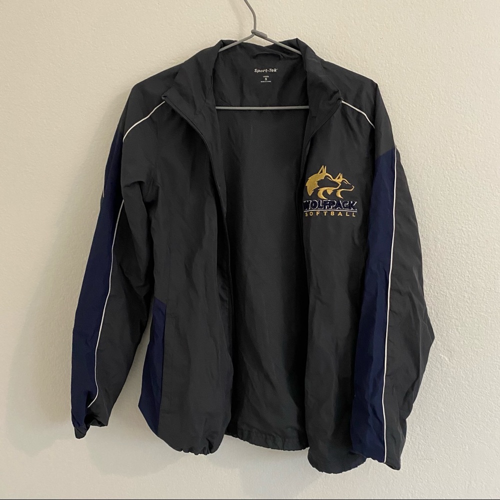 grey and navy windbreaker